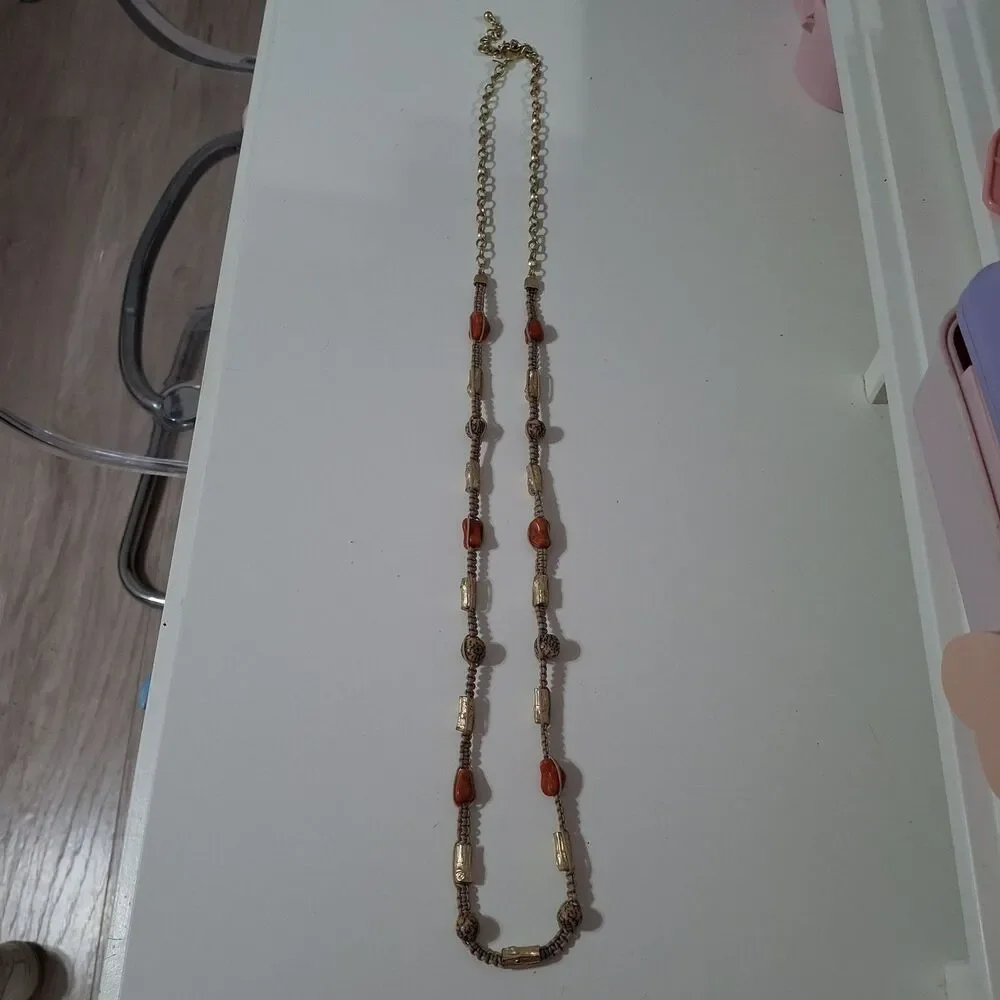Chicos Long Orange Stone Rock Brown Woven Fabric Gold Tone Statement Necklace